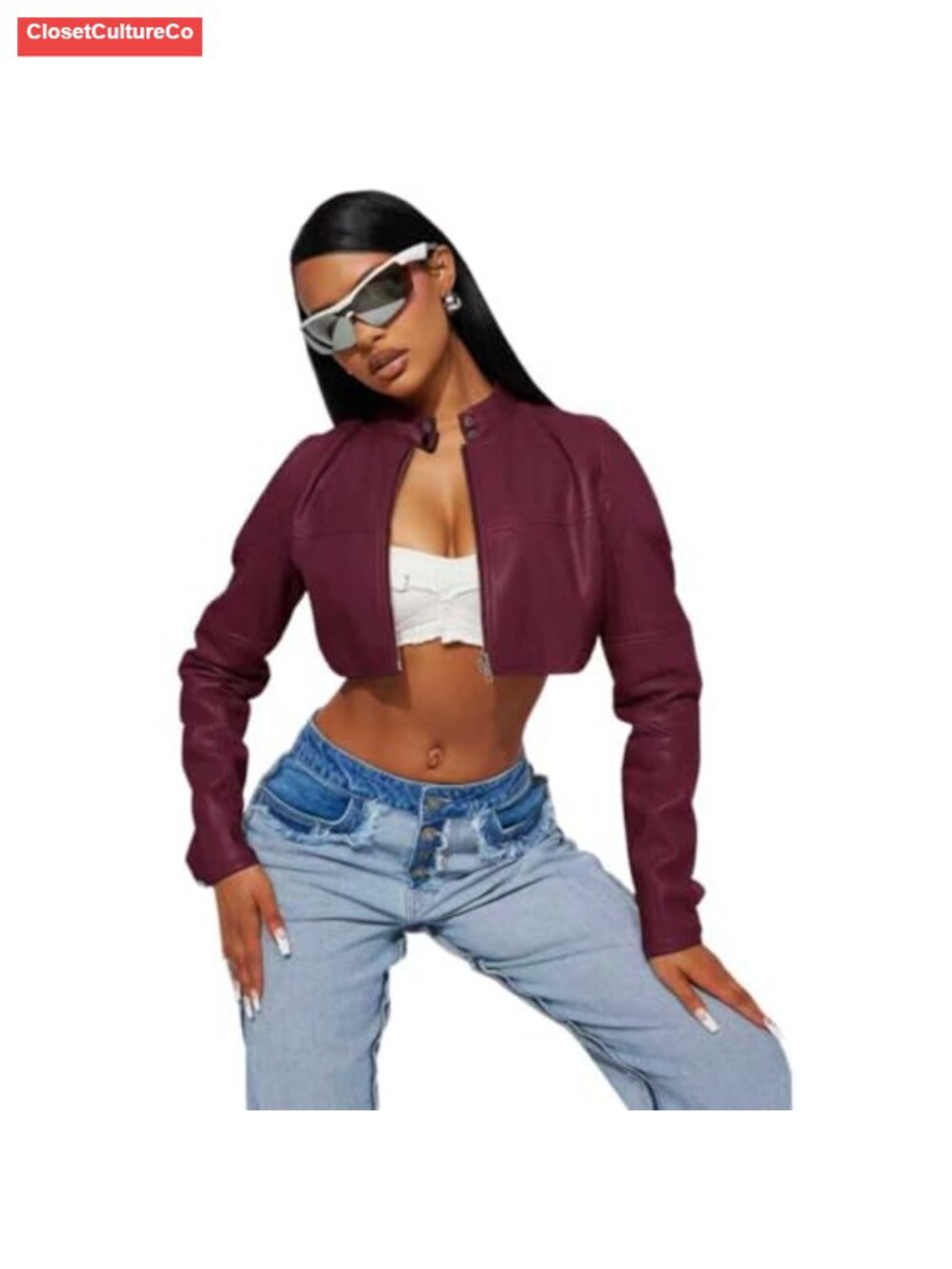 Faux Leather Cropped Moto Jacket Women Slim Fit Zip Up Biker Coat